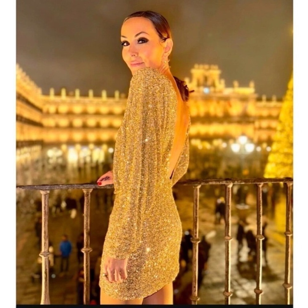 ZARA SZ‎ SM Sequin Mini Dress Gold Batwing Deep Back Padded Shoulder Retro